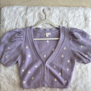 Purple Puff Sleeve Cardigan with Floral Embroidery